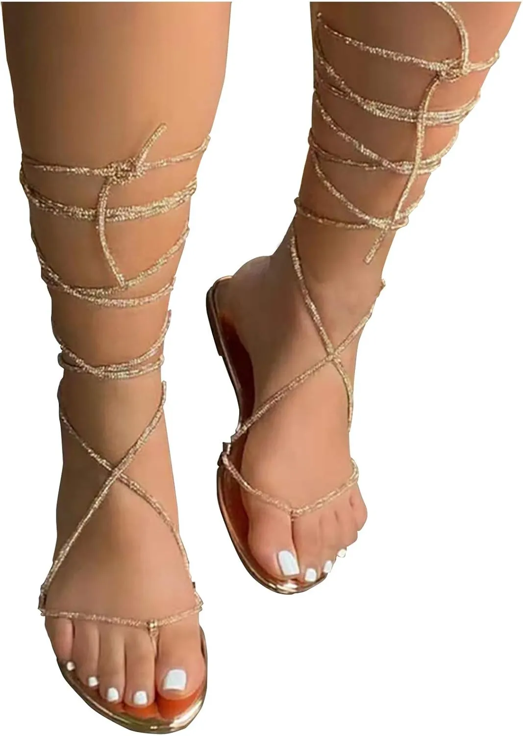 Aniywn Women's Strappy Sandal, Rhinestones Low Heel Sandals Summer Gladiator Flat Sandals Ankle Strap Flip Flops
