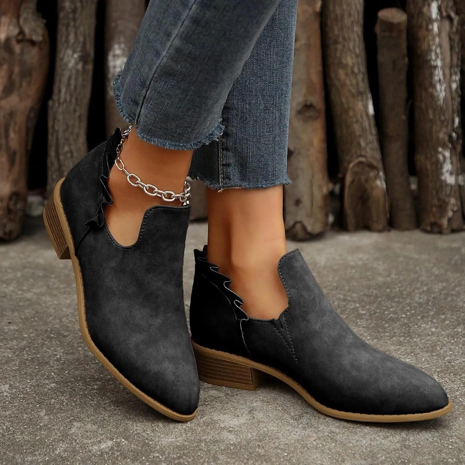 Ankle Boots for Women, Women's Low Heels Chunky Cutout Ankle Boots Perforated Western Shoes Low Heel Arch Support