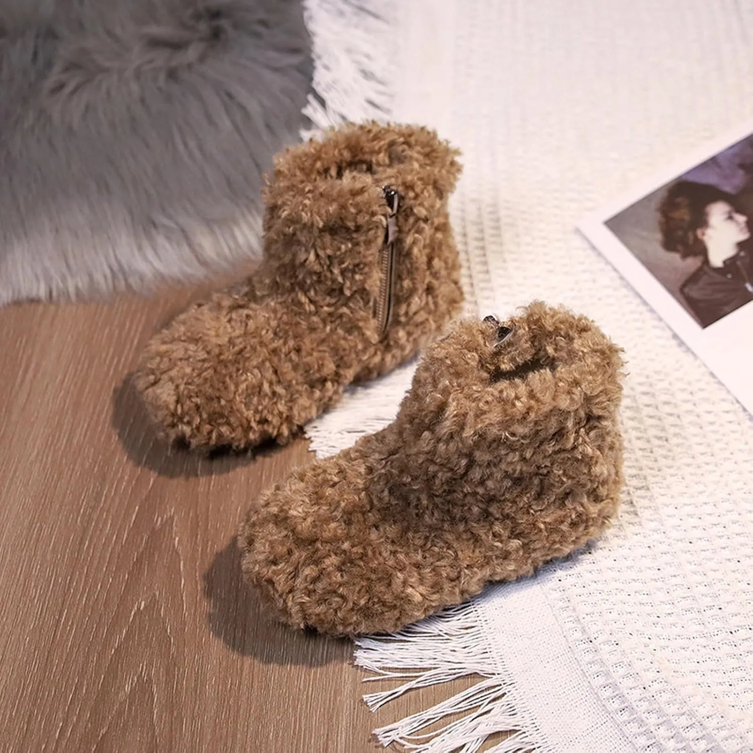 Big Kids Warm Fuzzy Ankle Boots Snow Boots for Toddler Cozy Cold Weather Boots Side Zipper Shoes Non-Slip Shoes