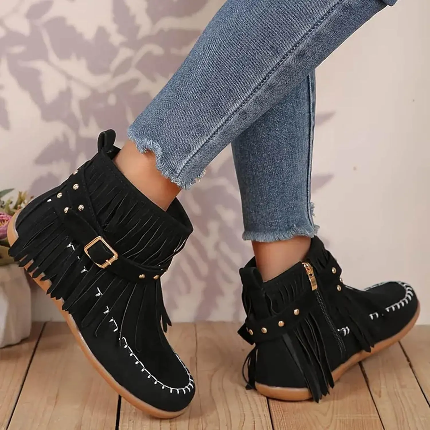 Cathalem Ankle Boots for Women Fringe Faux Suede Boots Retro Round Toe Fringe Buckle Strap Low Heel Rome Flat Shoes