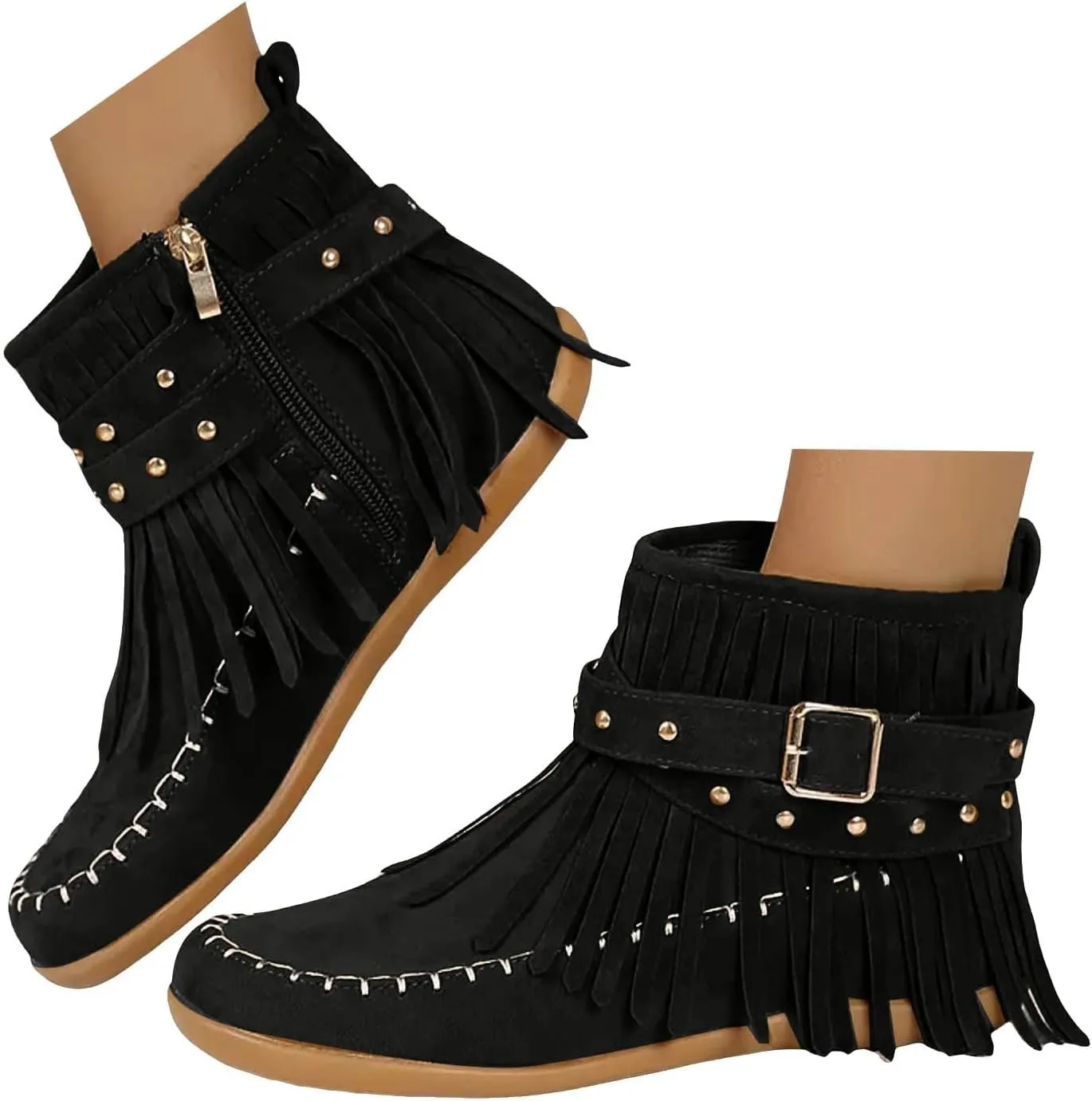 Cathalem Ankle Boots for Women Fringe Faux Suede Boots Retro Round Toe Fringe Buckle Strap Low Heel Rome Flat Shoes
