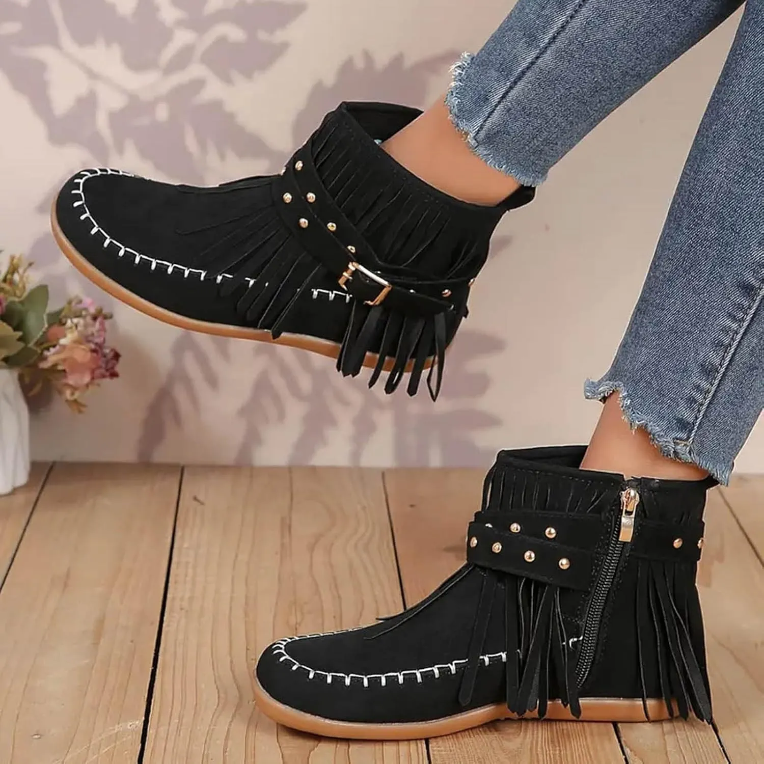 Cathalem Ankle Boots for Women Fringe Faux Suede Boots Retro Round Toe Fringe Buckle Strap Low Heel Rome Flat Shoes