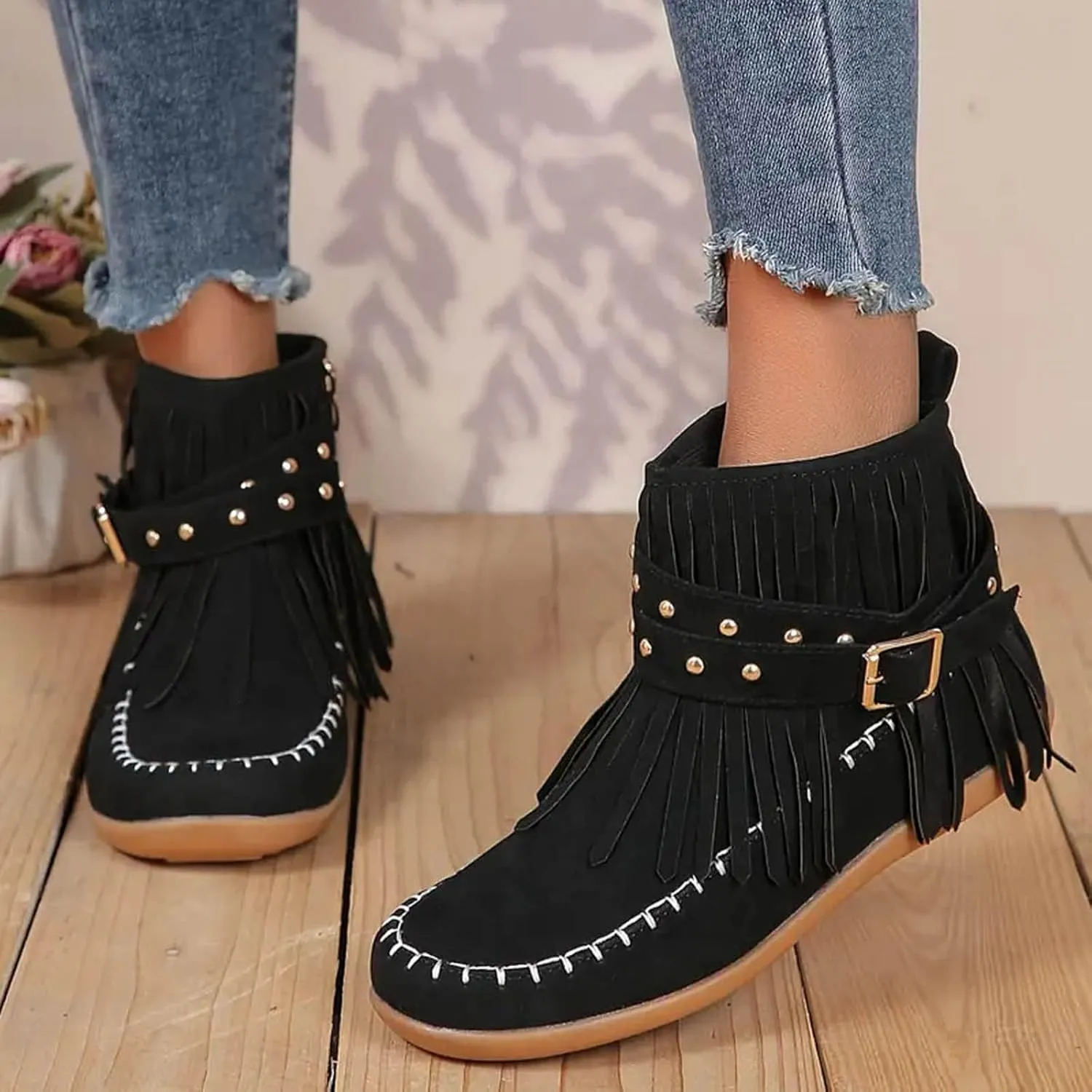 Cathalem Ankle Boots for Women Fringe Faux Suede Boots Retro Round Toe Fringe Buckle Strap Low Heel Rome Flat Shoes
