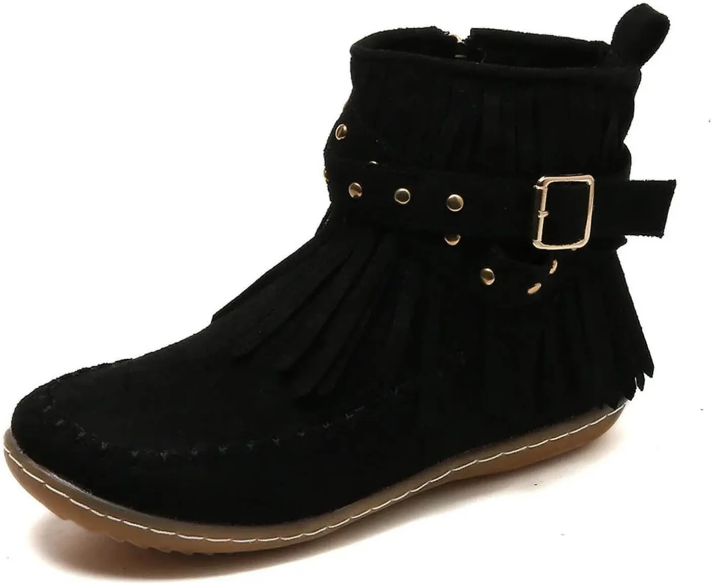 Cathalem Ankle Boots for Women Fringe Faux Suede Boots Retro Round Toe Fringe Buckle Strap Low Heel Rome Flat Shoes