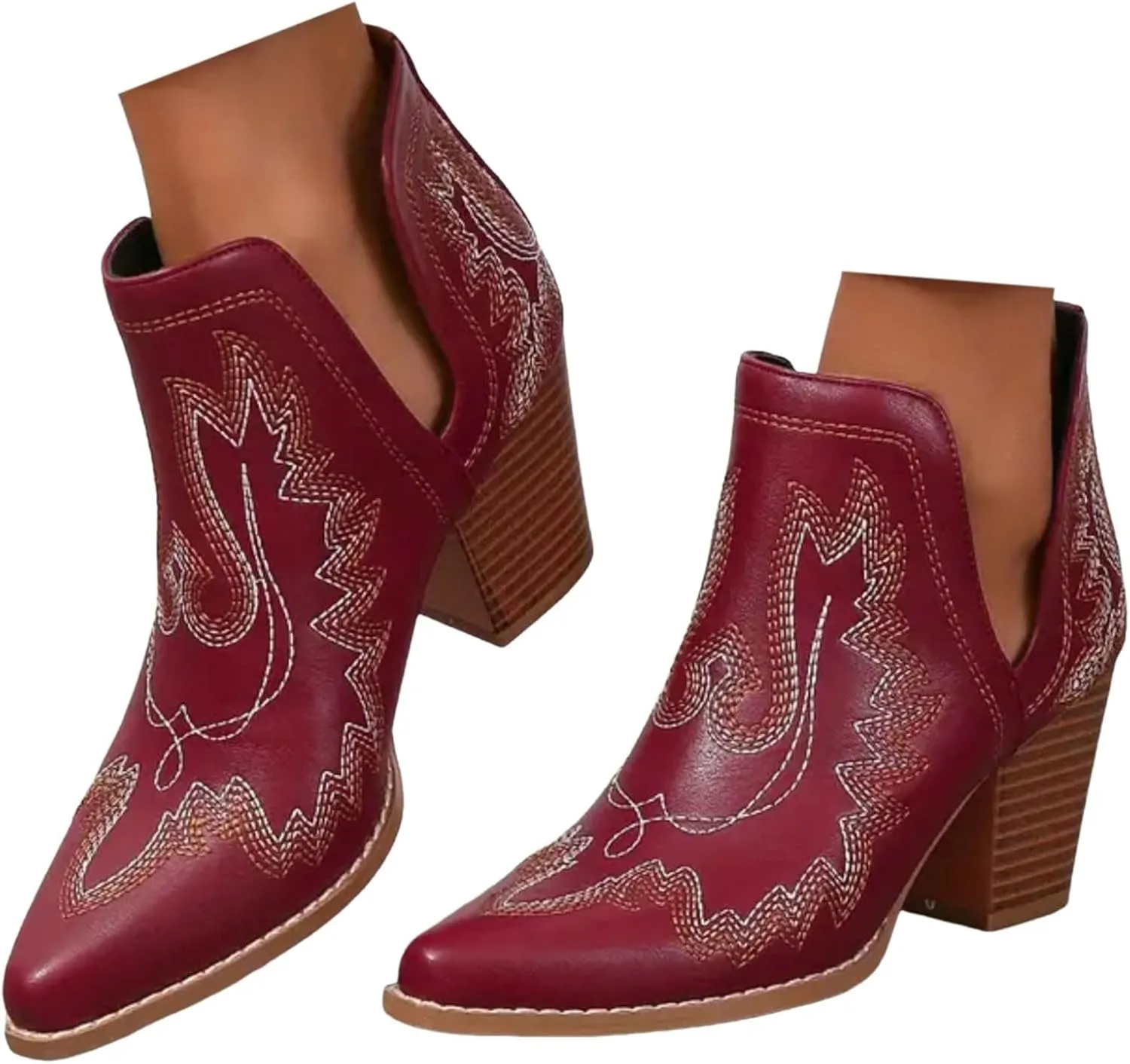 Cathalem Boots for Women Cowgirl Ankle Western Embroidered Stitched Cutout Chunky Heels Pointed Toe Short Booties