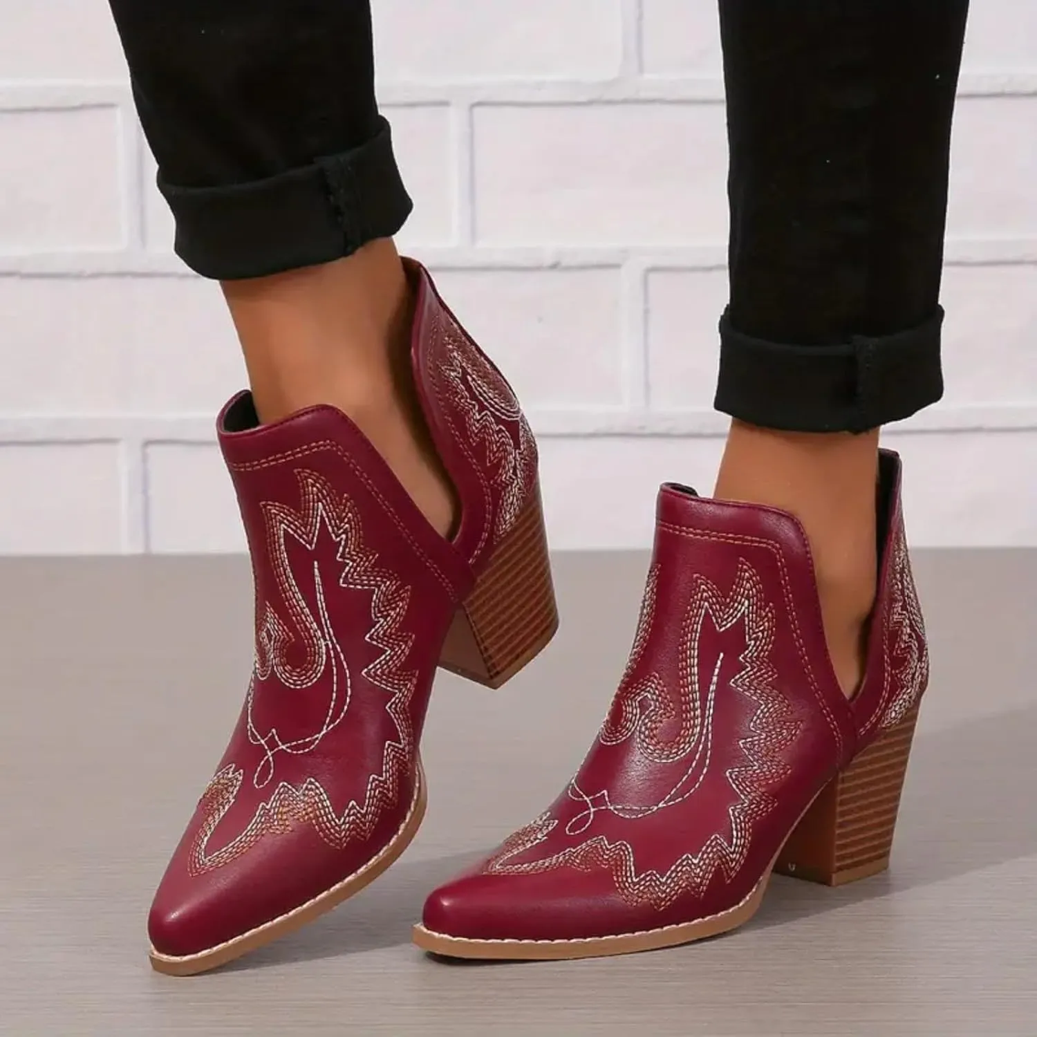 Cathalem Boots for Women Cowgirl Ankle Western Embroidered Stitched Cutout Chunky Heels Pointed Toe Short Booties