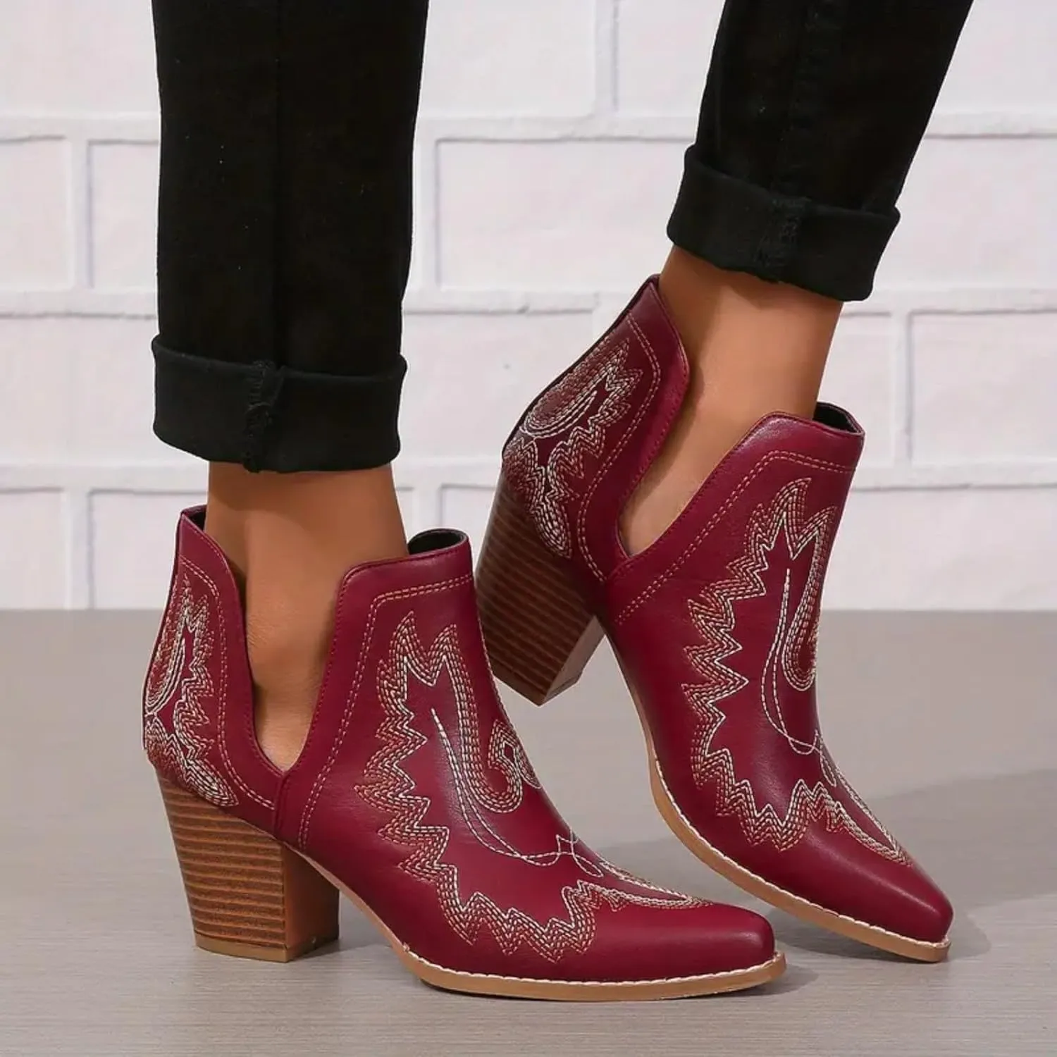 Cathalem Boots for Women Cowgirl Ankle Western Embroidered Stitched Cutout Chunky Heels Pointed Toe Short Booties
