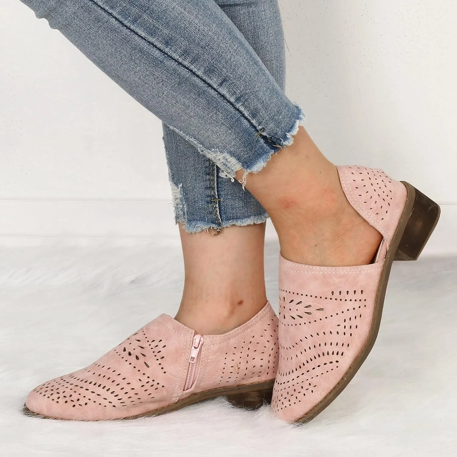Cathalem Boots for Women Wedges Ankle Booties Retro V Cutout Comfy Short Boots Leather Color Block Chunky Block Heels Shoes
