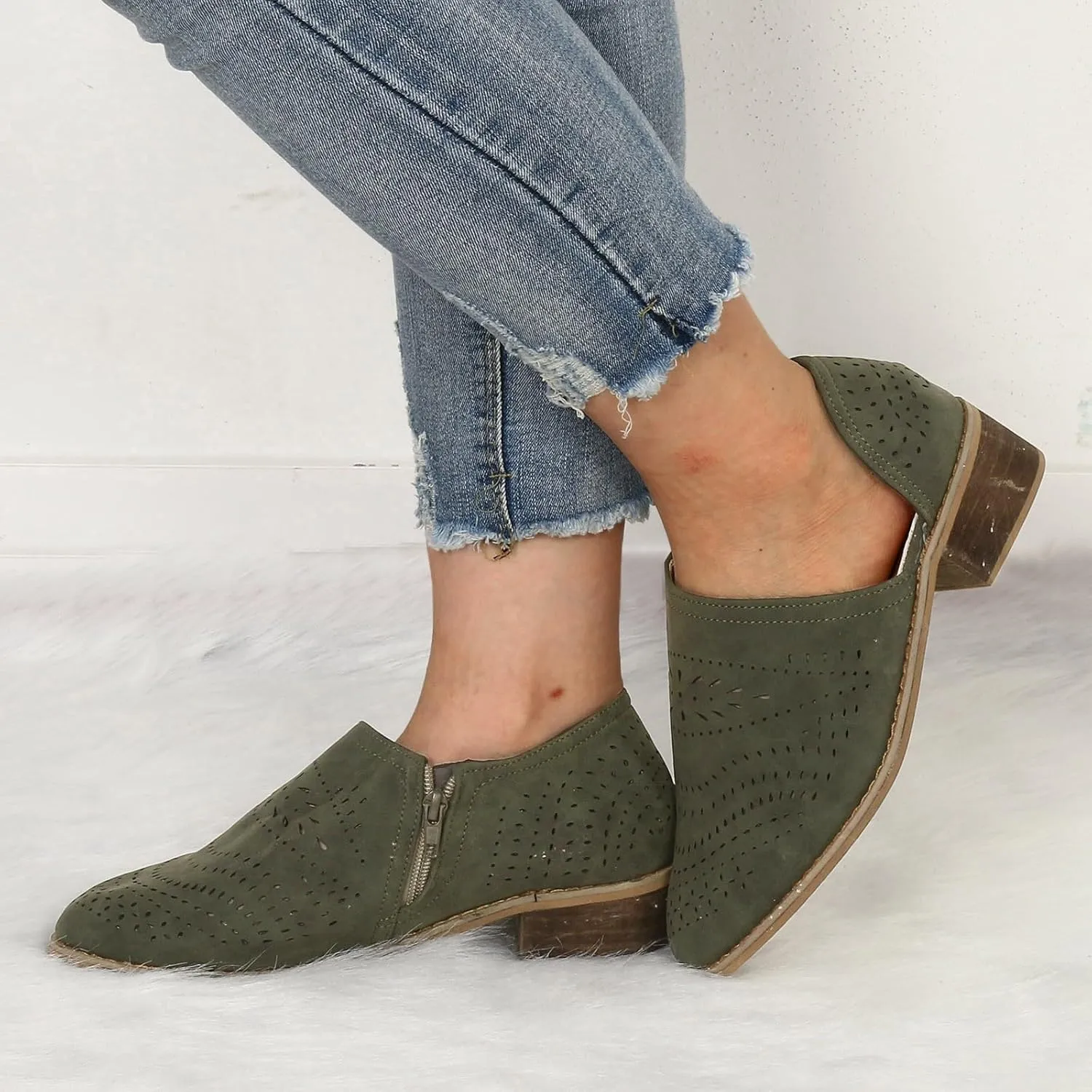 Cathalem Boots for Women Wedges Ankle Booties Retro V Cutout Comfy Short Boots Leather Color Block Chunky Block Heels Shoes