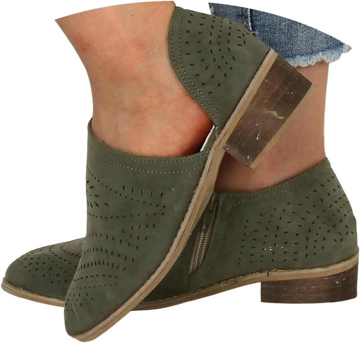 Cathalem Boots for Women Wedges Ankle Booties Retro V Cutout Comfy Short Boots Leather Color Block Chunky Block Heels Shoes