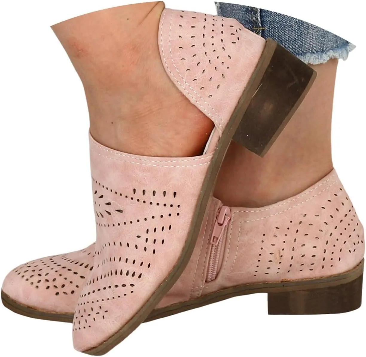 Cathalem Boots for Women Wedges Ankle Booties Retro V Cutout Comfy Short Boots Leather Color Block Chunky Block Heels Shoes