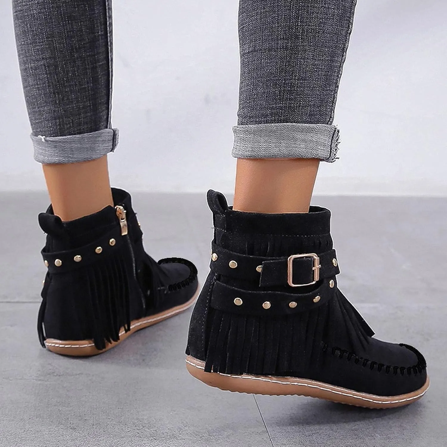 Cathalem Cowboy Boots for Women Fringe Western Cowgirl Ankle Boots Suede Tassel Boots Round Toe Flats Retro Winter Booties