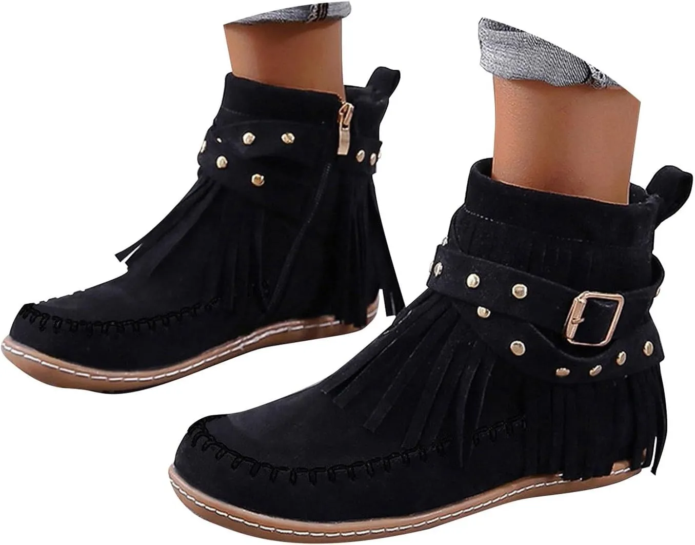 Cathalem Cowboy Boots for Women Fringe Western Cowgirl Ankle Boots Suede Tassel Boots Round Toe Flats Retro Winter Booties