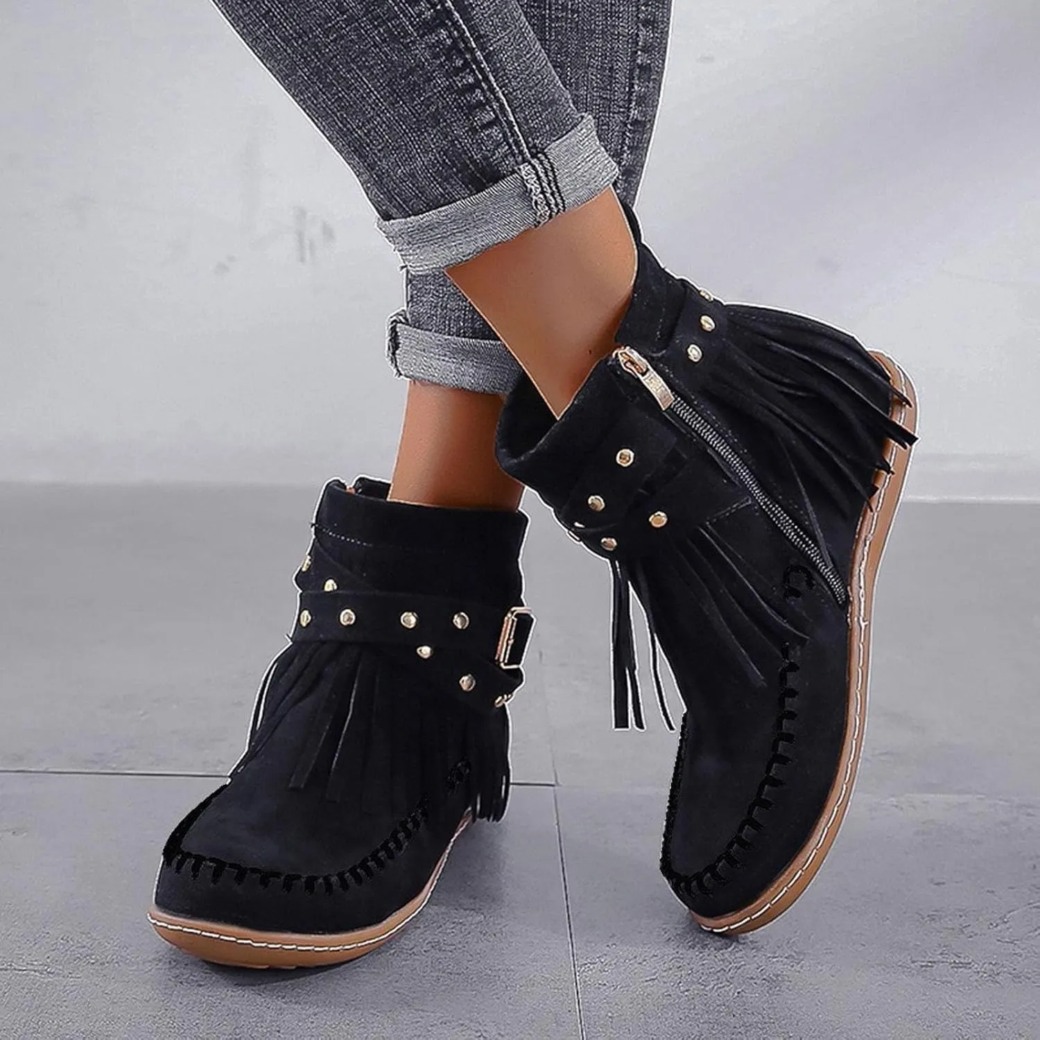 Cathalem Cowboy Boots for Women Fringe Western Cowgirl Ankle Boots Suede Tassel Boots Round Toe Flats Retro Winter Booties