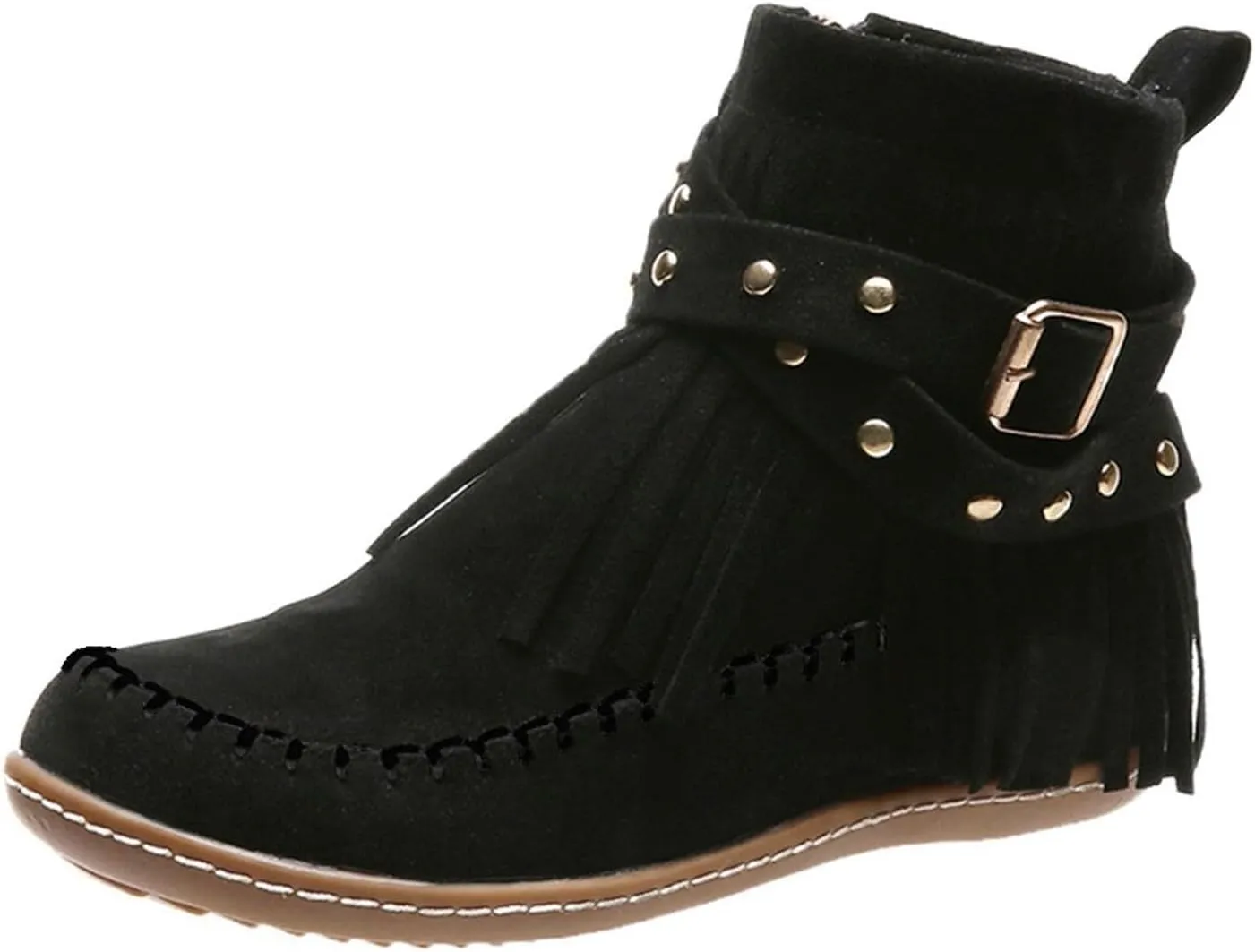 Cathalem Cowboy Boots for Women Fringe Western Cowgirl Ankle Boots Suede Tassel Boots Round Toe Flats Retro Winter Booties