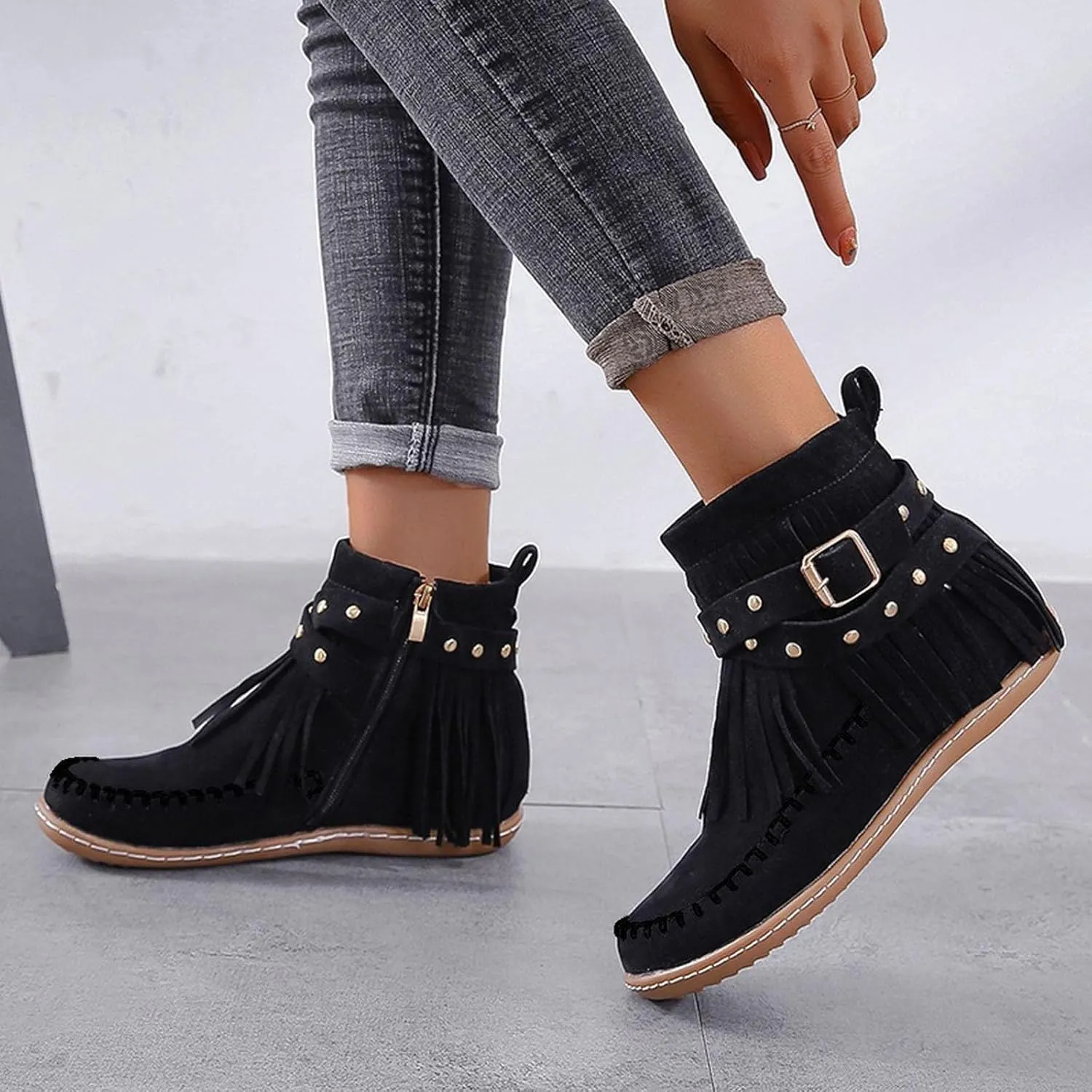 Cathalem Cowboy Boots for Women Fringe Western Cowgirl Ankle Boots Suede Tassel Boots Round Toe Flats Retro Winter Booties