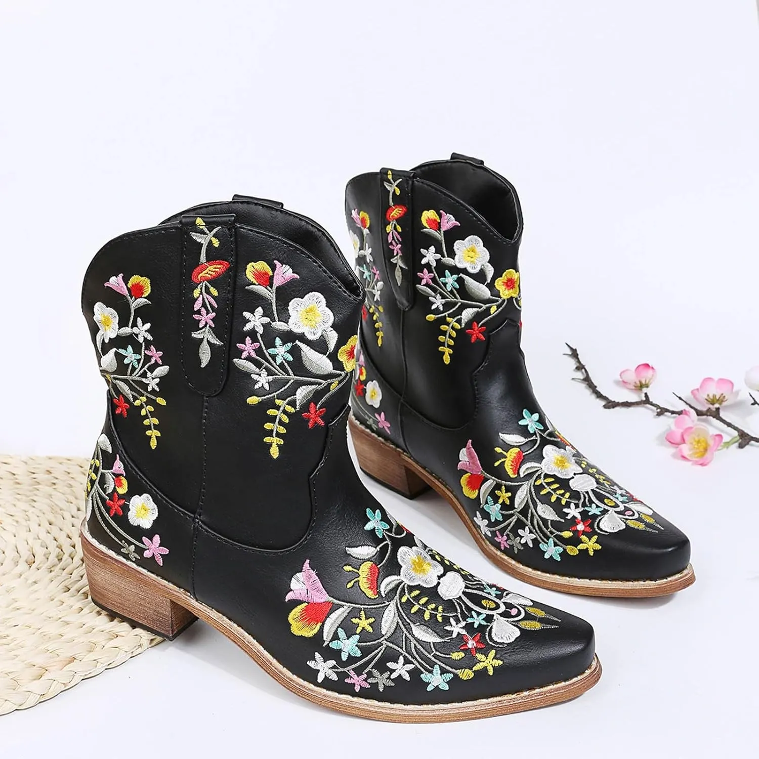 Cathalem Cowboy Boots for Women,Women Flower Embroidered Ankle Cowgirl Boots Square Toe Western Boots Chunky Heel Short Boots