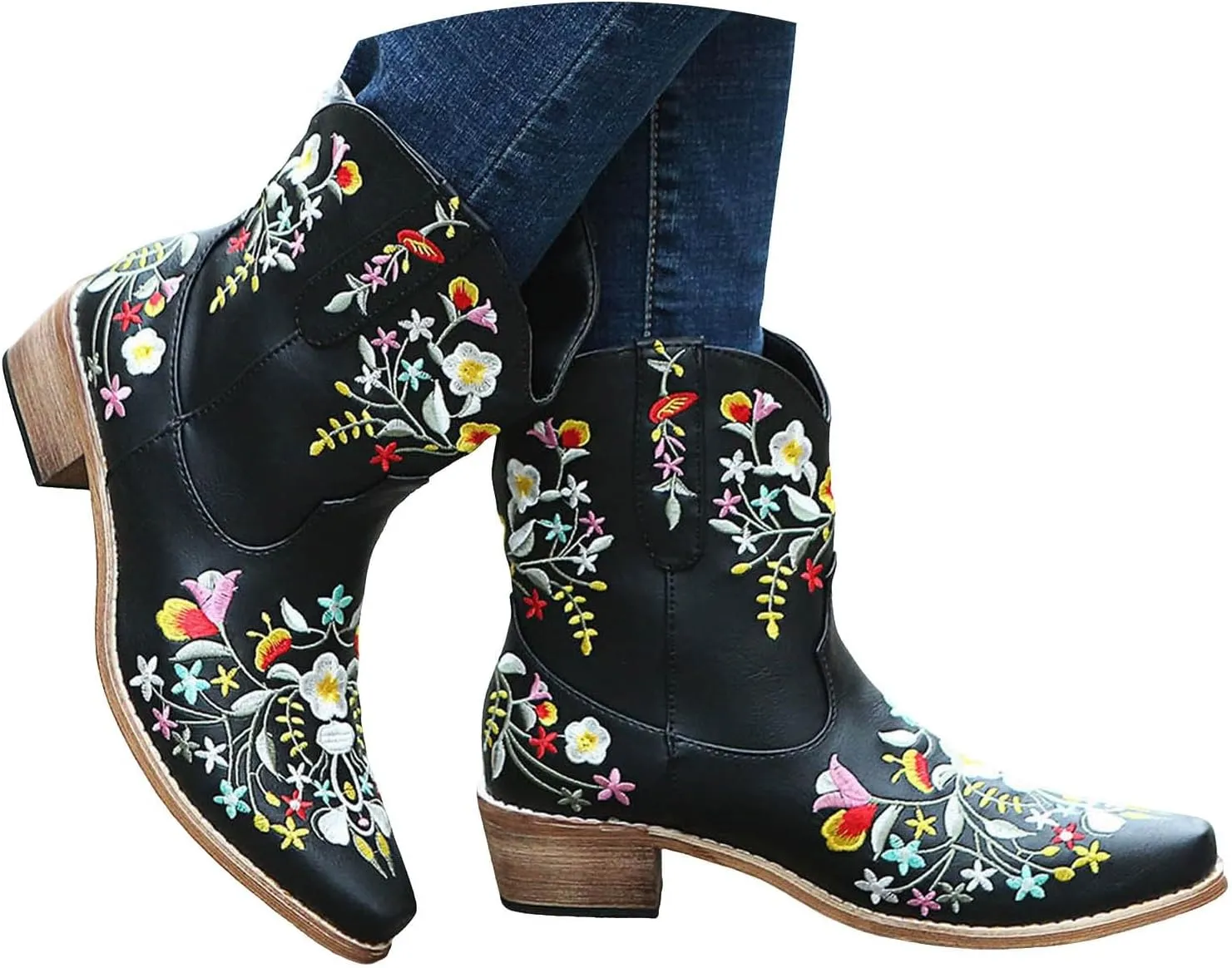 Cathalem Cowboy Boots for Women,Women Flower Embroidered Ankle Cowgirl Boots Square Toe Western Boots Chunky Heel Short Boots