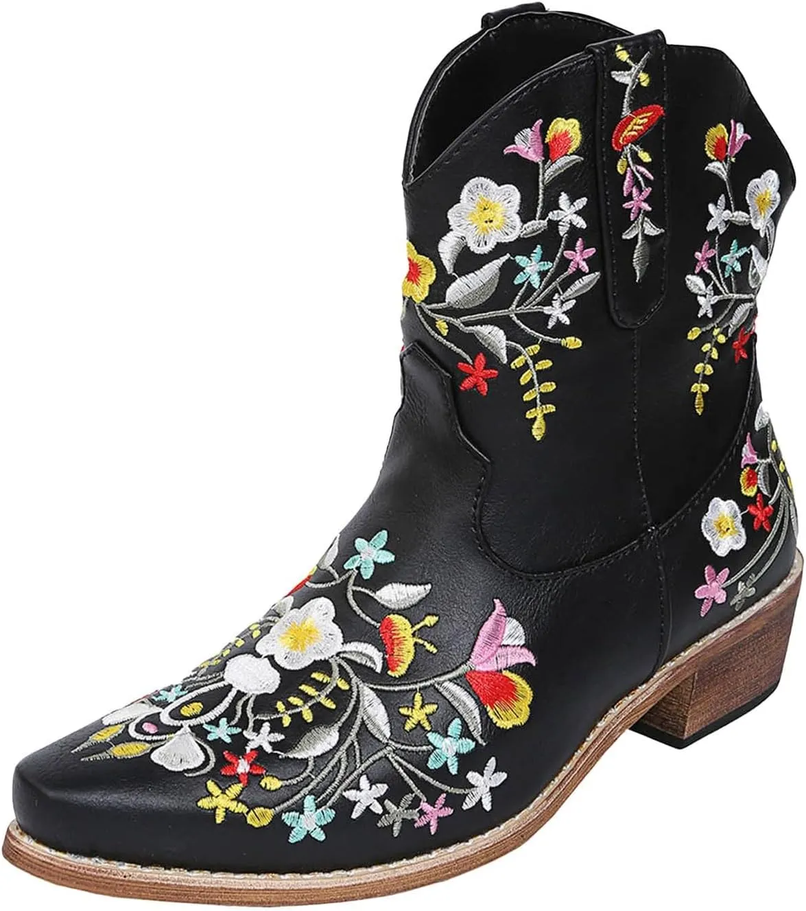 Cathalem Cowboy Boots for Women,Women Flower Embroidered Ankle Cowgirl Boots Square Toe Western Boots Chunky Heel Short Boots