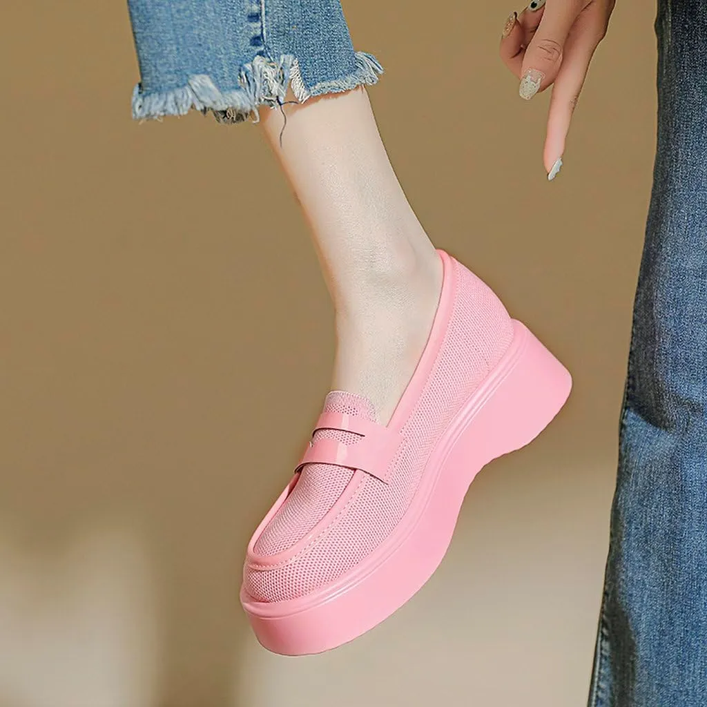 DINTAHA Chunky Platform Loafers for Women Heeled Knit Loafers Slip On Business Casual Shoes