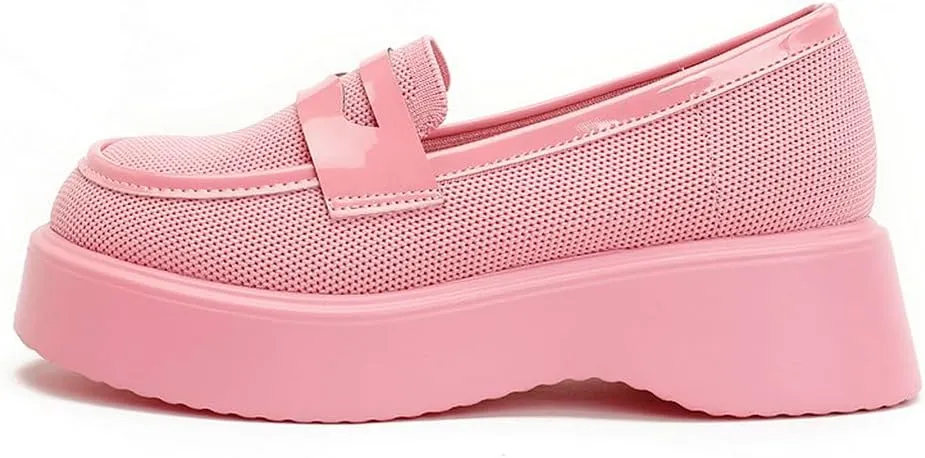 DINTAHA Chunky Platform Loafers for Women Heeled Knit Loafers Slip On Business Casual Shoes
