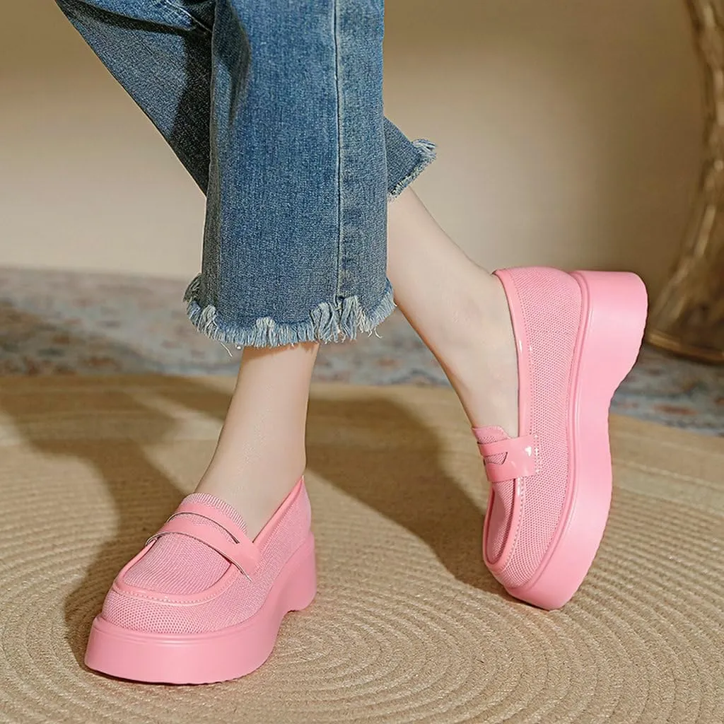 DINTAHA Chunky Platform Loafers for Women Heeled Knit Loafers Slip On Business Casual Shoes