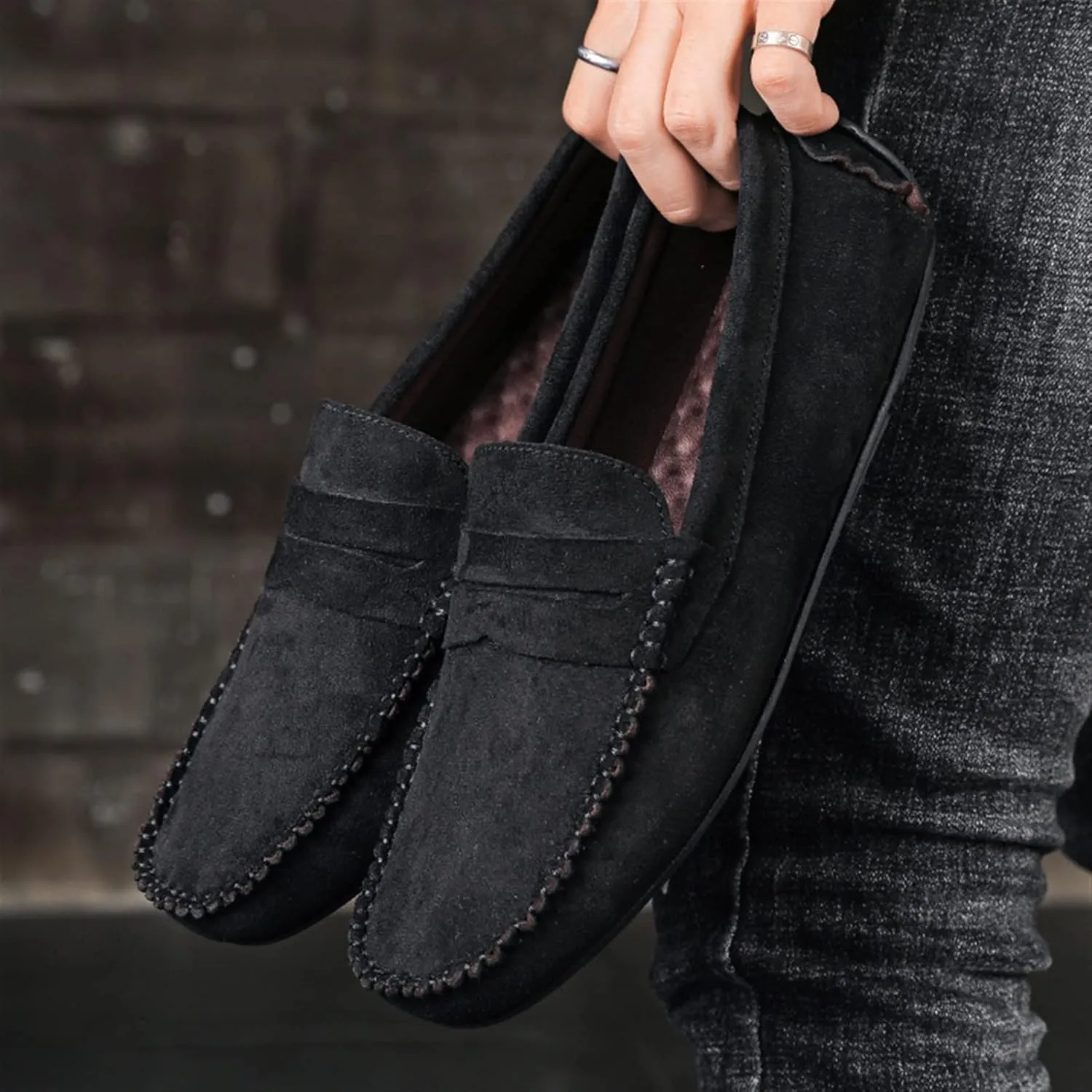 Loafer Shoes for Men Genuine Leather Round Toe Suede Vamp Penny Loafer Lightweight Flexible Resistant Casual Slip On (Color : Black, Size : 7.5)
