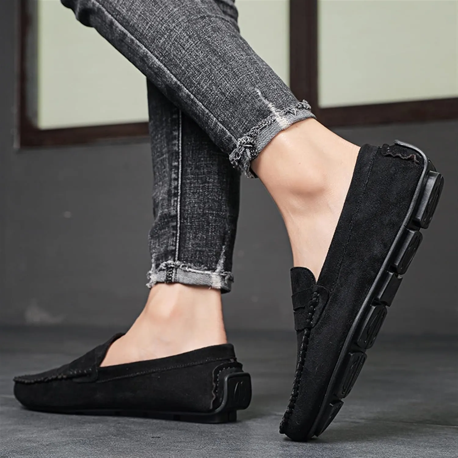 Loafer Shoes for Men Genuine Leather Round Toe Suede Vamp Penny Loafer Lightweight Flexible Resistant Casual Slip On (Color : Black, Size : 7.5)