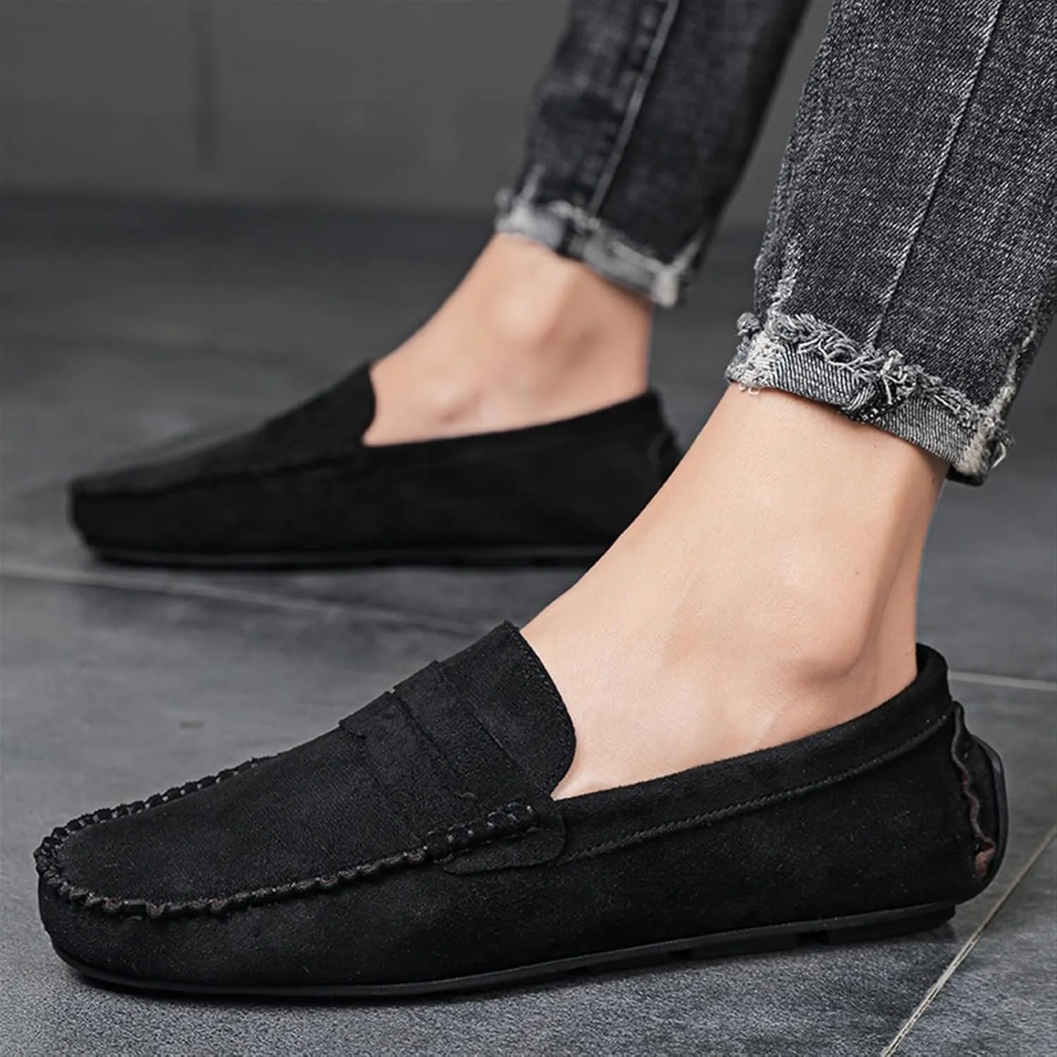 Loafer Shoes for Men Genuine Leather Round Toe Suede Vamp Penny Loafer Lightweight Flexible Resistant Casual Slip On (Color : Black, Size : 7.5)