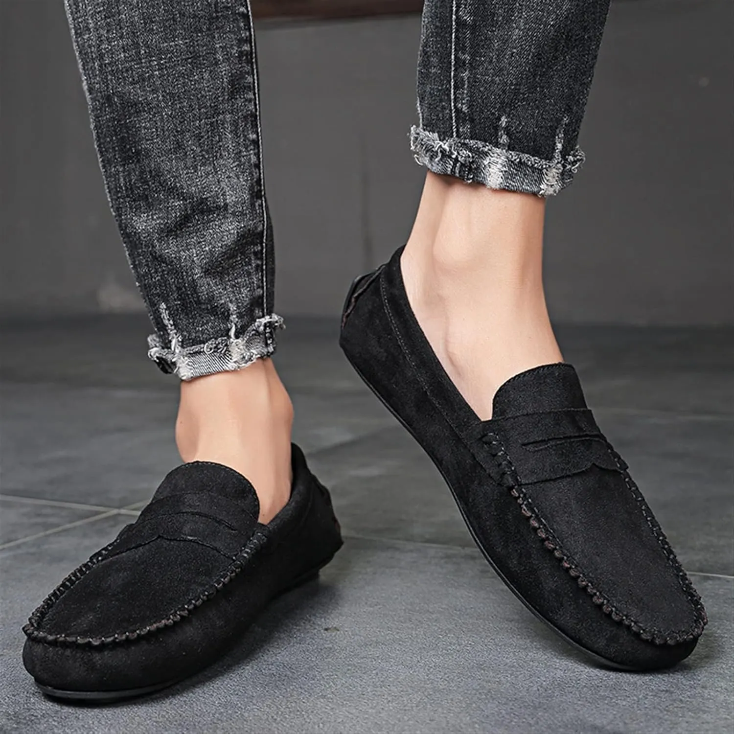 Loafer Shoes for Men Genuine Leather Round Toe Suede Vamp Penny Loafer Lightweight Flexible Resistant Casual Slip On (Color : Black, Size : 7.5)