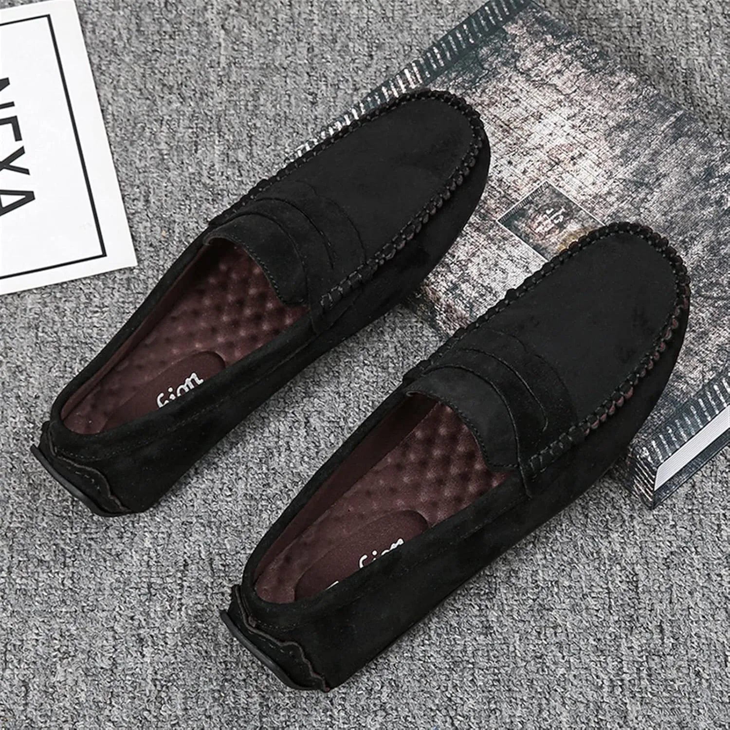 Loafer Shoes for Men Genuine Leather Round Toe Suede Vamp Penny Loafer Lightweight Flexible Resistant Casual Slip On (Color : Black, Size : 7.5)