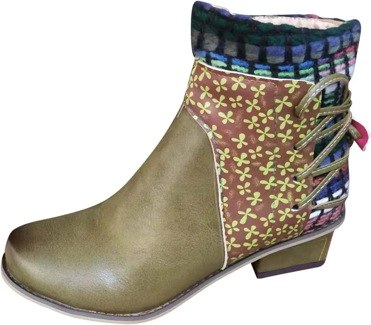 Vintage Ankle Boots for Women Leather Round Toe Back Lace Up Booties Side Zipper Chunky Block Low Heels Boots