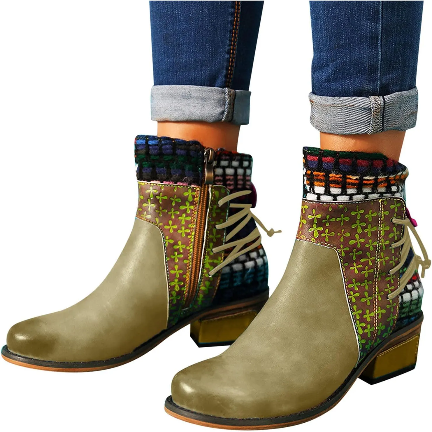 Vintage Ankle Boots for Women Leather Round Toe Back Lace Up Booties Side Zipper Chunky Block Low Heels Boots