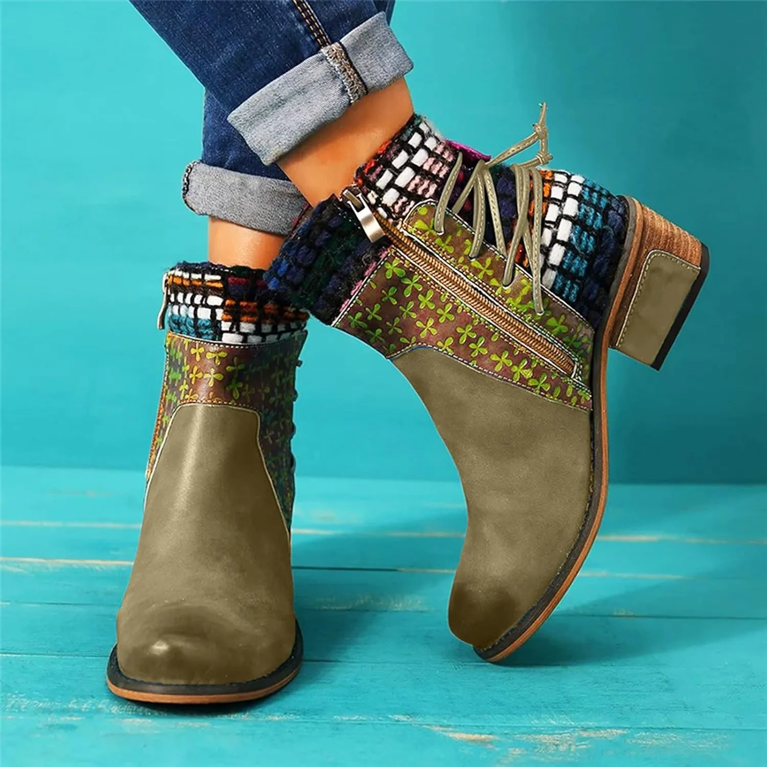 Vintage Ankle Boots for Women Leather Round Toe Back Lace Up Booties Side Zipper Chunky Block Low Heels Boots