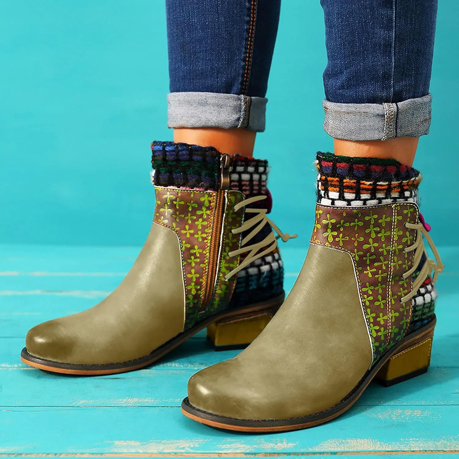 Vintage Ankle Boots for Women Leather Round Toe Back Lace Up Booties Side Zipper Chunky Block Low Heels Boots