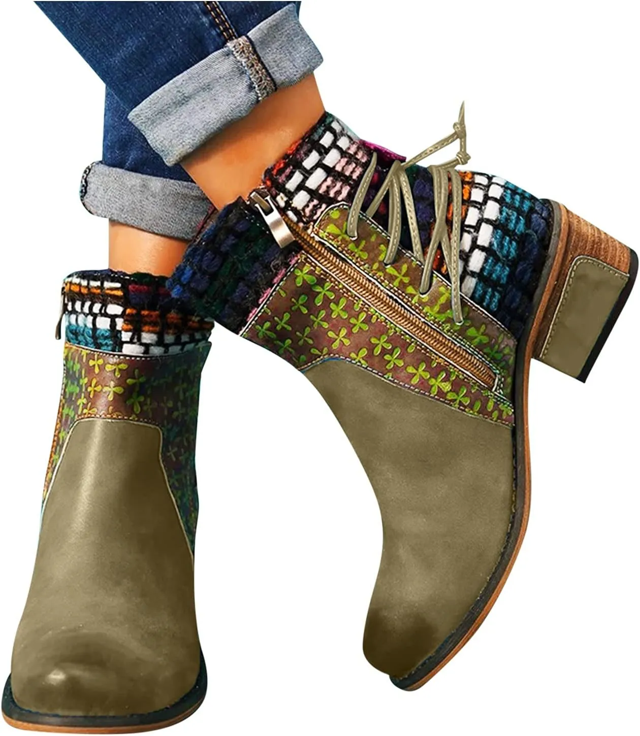 Vintage Ankle Boots for Women Leather Round Toe Back Lace Up Booties Side Zipper Chunky Block Low Heels Boots