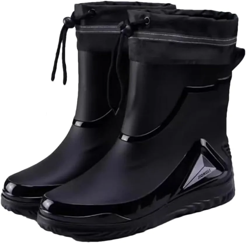Wjnvfioo Men's Waterproof Drawstring Rain Boots Non-Slip Flat Fashion Rider Rain Boots