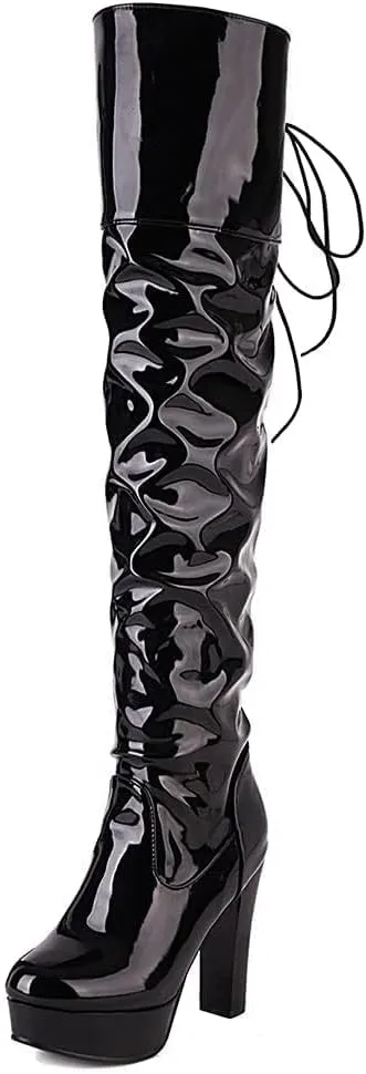 Women Over The Knee Thigh High Boots Lace up Leather Chunky Heel Platform Knight Boots Dress Wedding Long Combat Boots
