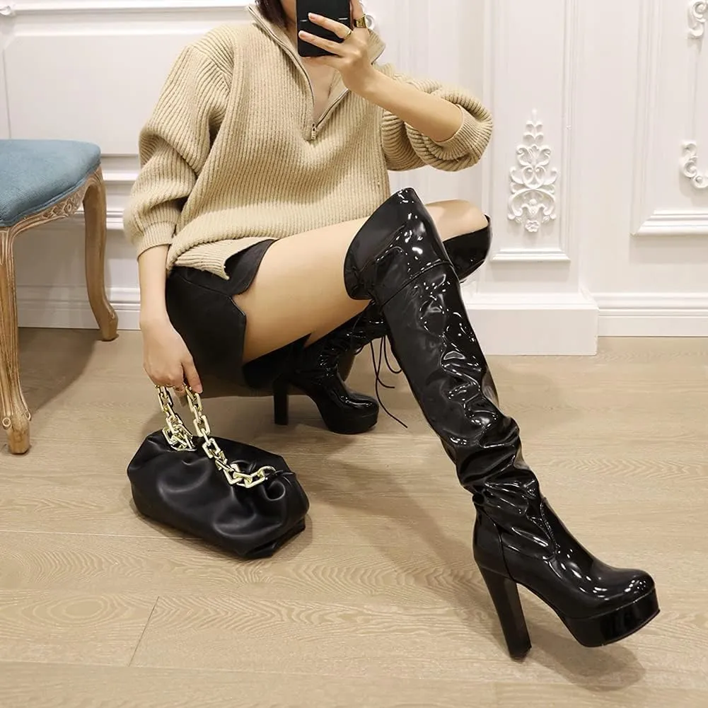Women Over The Knee Thigh High Boots Lace up Leather Chunky Heel Platform Knight Boots Dress Wedding Long Combat Boots