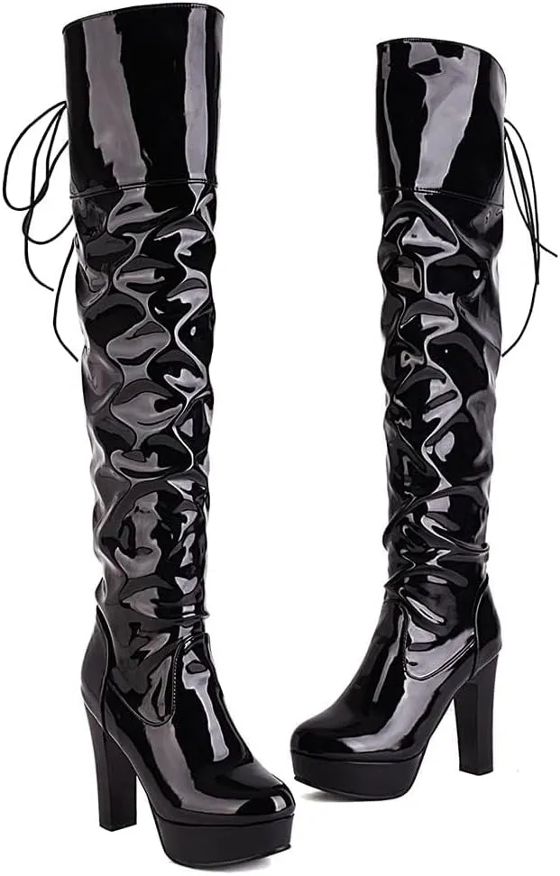 Women Over The Knee Thigh High Boots Lace up Leather Chunky Heel Platform Knight Boots Dress Wedding Long Combat Boots